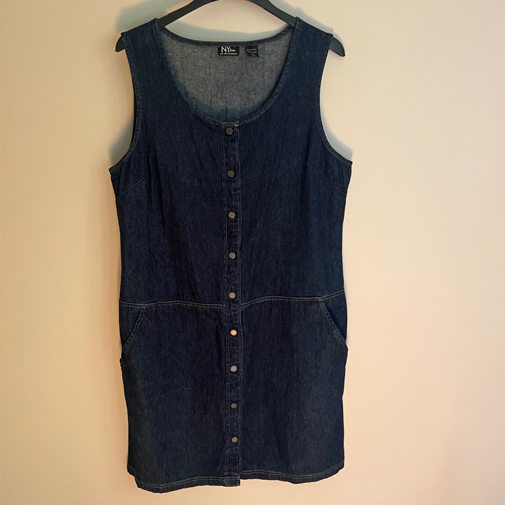 90's Denim Jumper Dress Dark Wash Button Front Pocket Cabincore Grunge Americana
